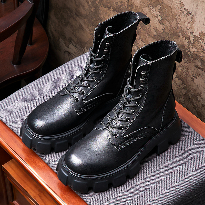 New Men's Black Patent Leather Trend Platform Boots