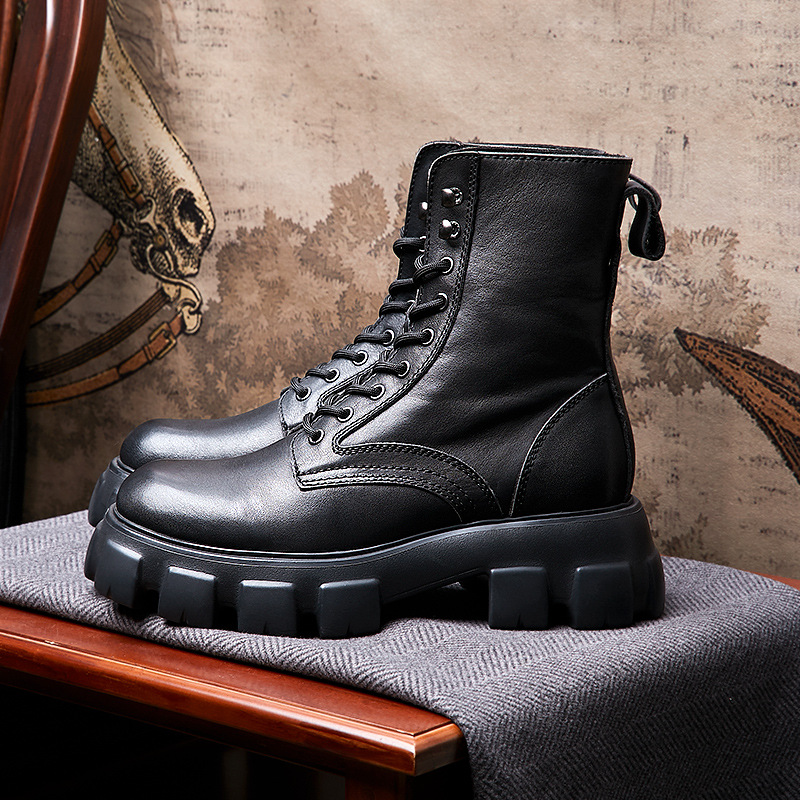 New Men's Black Patent Leather Trend Platform Boots