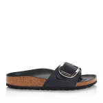 Women's Madrid Big Buckle Slippers Sandals, Black Leather Silver