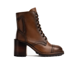 Women's  Chunky High Heel Lace-up Zipper Leather Martin Boots, Walnut