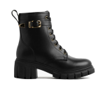 Women's Thick Sole Block Heel Metal Buckle Lace-up Zipper Martin Boots，Black & Gold